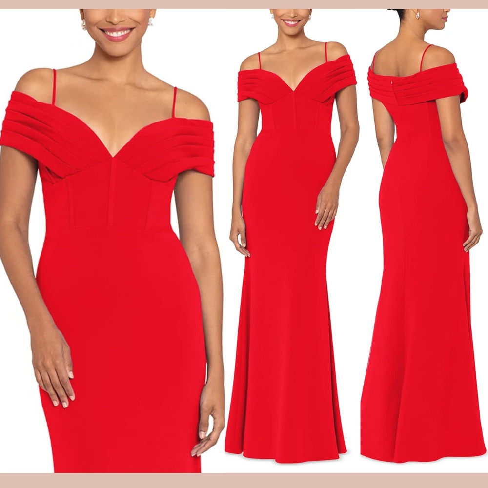 NEW $259 Betsy‎ & Adam [ 8 ] Corset Off The Shoulder Gown in Red #Q1221